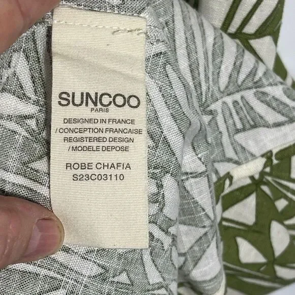 Suncoo Olive Green Cream Linen Mix Chafia Leaf Print Midi Dress Size Medium  NWOT